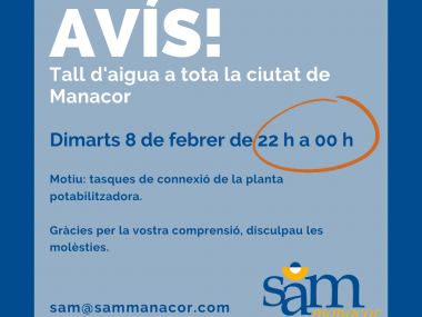 Avís a tota la ciutadania: tall d'aigua potable el 8 de febrer de 2022 de 22 h a 00 h