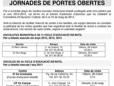 JORNADES DE PORTES OBERTES PER A L’ESCOLARITZACIÓ  DE L’ALUMNAT D’EDUCACIÓ INFANTIL A MANACOR