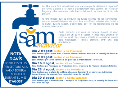 Durant el mes d’agost la SAM repararà la xarxa d’aigua i per això cada dimarts dematí es preveu tallar l’aigua en un barri