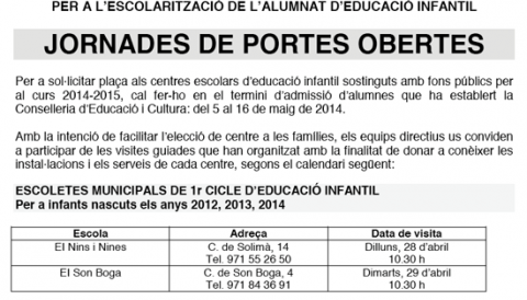 JORNADES DE PORTES OBERTES PER A L’ESCOLARITZACIÓ  DE L’ALUMNAT D’EDUCACIÓ INFANTIL A MANACOR