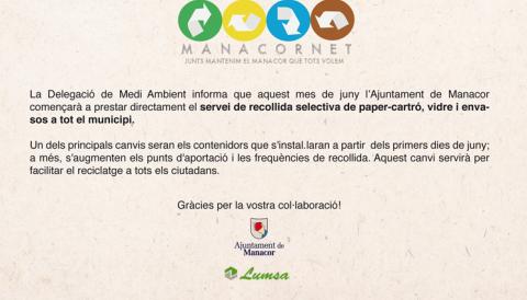 MANACOR COMENÇA A PRESTAR DIRECTAMENT EL SERVEI DE RECOLLIDA SELECTIVA A TOT EL MUNICIPI